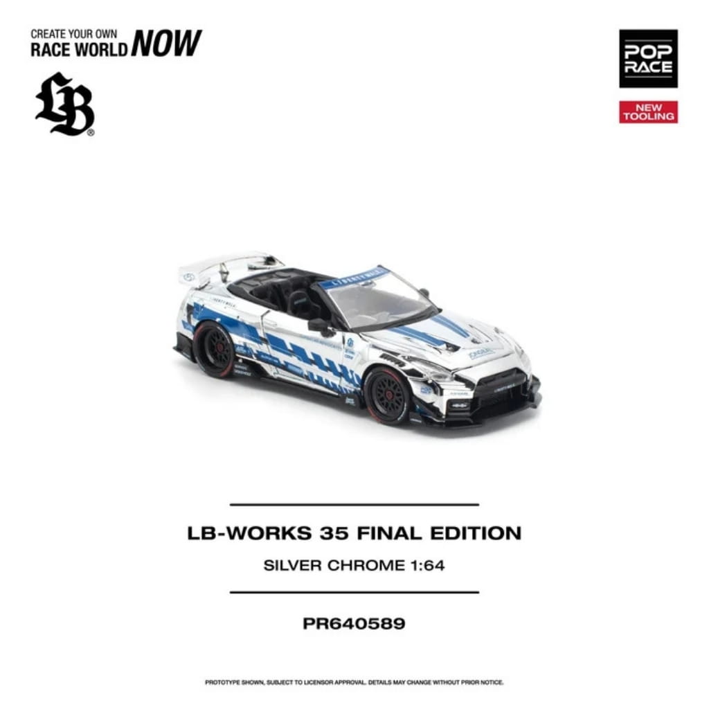 Pop Race 1:64 - LB-Works 35GT-R Final Edition - Silver/Blue Chrome